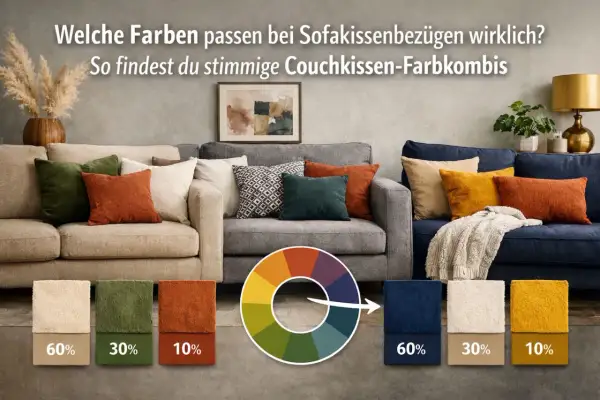 So sofa dekorieren kissen richtig kombinieren: drei Sofas mit verschiedenen Kissenfarben und eine Farbkreis-Anleitung.