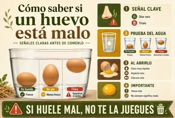 La clara de huevo en mal estado flota en agua. La imagen muestra cómo saber si un huevo está malo con pruebas de olor, agua y al abrirlo.
