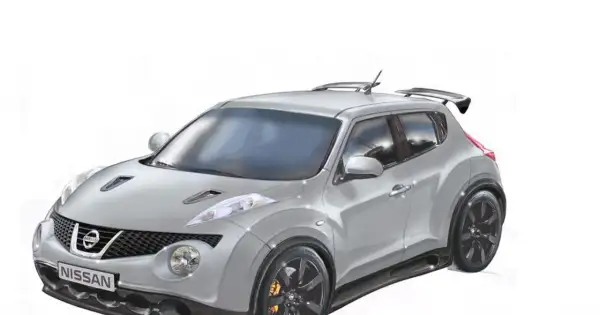 Srebrny Nissan Juke R z czarnymi felgami i spojlerem, gotowy do wyścigu.