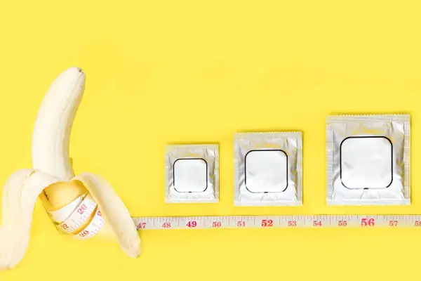 Banana con metro, tre confezioni di preservativi di diverse misure. La taglia XXL corrisponde alla taglia uomo.