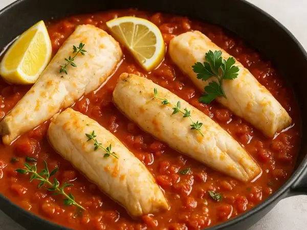 Quatre filets de roussette requin mijotent dans une sauce tomate savoureuse, garnie de quartiers de citron et d'herbes fraîches.