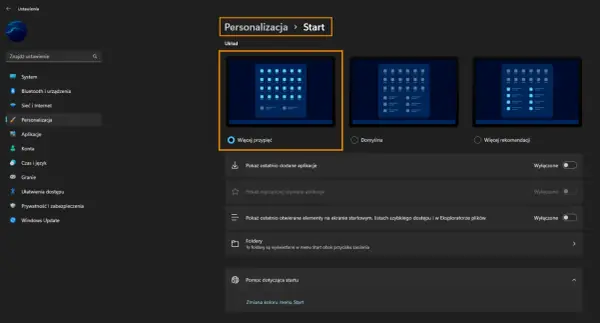 Ustawienia personalizacji menu Start w Windows 11. Można tu zarządzać układem, ostatnio dodanymi i najczęściej używanymi aplikacjami, a także folderami.