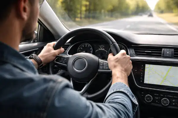 Mężczyzna prowadzi samochód, czuć drgania kierownicy przy 120 km/h. Na ekranie nawigacja.