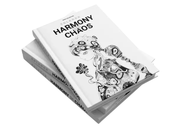 Stack of books titled "Harmony in Chaos" with a black and white illustration of a stylized figure.