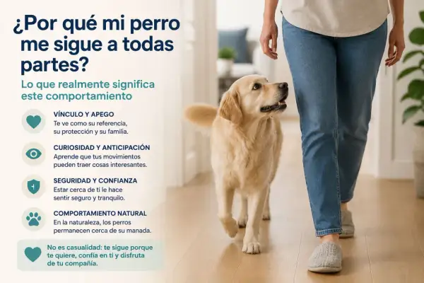 Un perro golden retriever sigue a su dueño, explicando por qué mi perro me sigue a todas partes: por vínculo, curiosidad, seguridad y comportamiento natural.