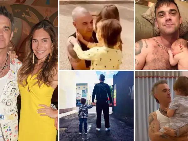 Robbie Williams med sina barn. En bild visar honom med en bebis, en annan med sina äldre barn.
