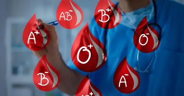 Krople krwi z oznaczeniami grup: A+, AB-, B+, O-, O+, B-, A-. Lekarz w niebieskim fartuchu.