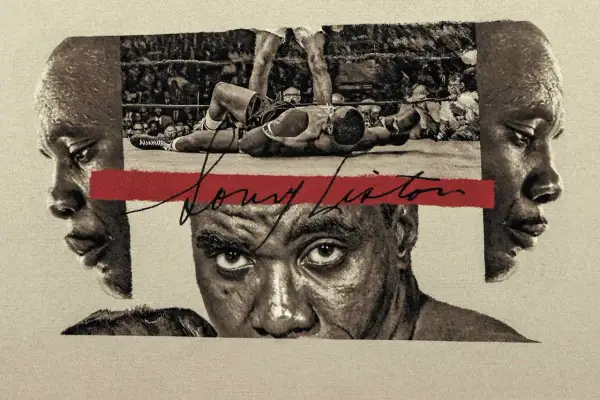 A collage of boxing legend Sonny Liston, featuring his intense gaze, profile shots, and a dramatic in-ring moment.