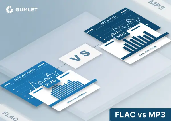 Visual comparison of FLAC (lossless) and MP3 (lossy) audio formats, highlighting their differences in quality and data.