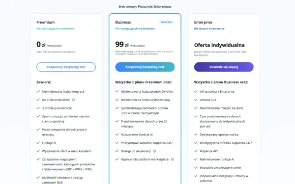 Porównanie planów cenowych: Freemium, Business i Enterprise. Dowiedz się, baselinker co to za narzędzie do e-commerce.