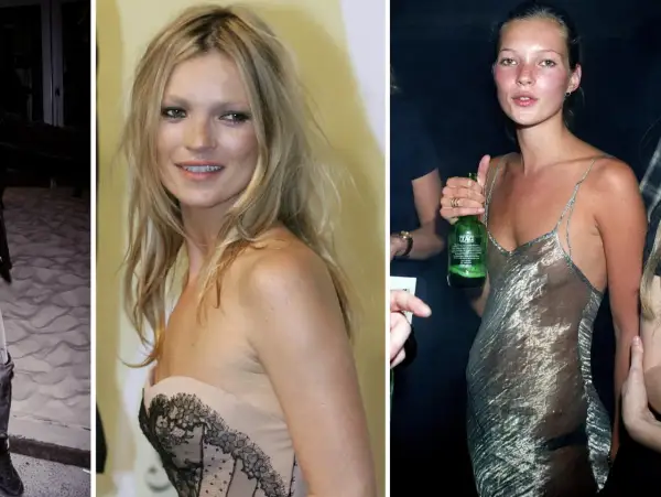 Kate Moss ung i en ljus klänning och en genomskinlig silverklänning.