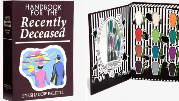 Beetlejuice colors eyeshadow palette shaped like coffins, featuring shades like "Betelgeuse" and "Sandworm.