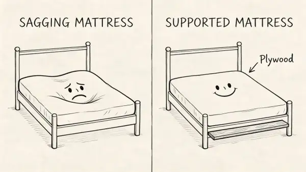 A sad, sagging mattress versus a happy, supported mattress. Does putting a board under mattress help? Yes, it provides support!