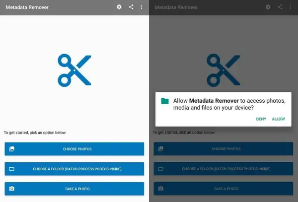 Android app "Metadata Remover" prompts for permission to access photos, media, and files. Options include choosing photos, a folder, or taking a photo.