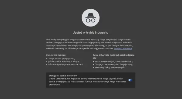 Ikona w okularach i kapeluszu symbolizuje tryb инкогнито. Przeglądaj sieć prywatnie, ale pamiętaj, że aktywność może być widoczna dla pracodawcy.