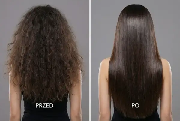 Przed i po zabiegu keratyna na włosy. Zniszczone, puszące się włosy zamienione w gładkie i lśniące.
