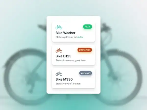 Übersicht über den Fahrrad-Pass: Bike Wacher (Aktiv), Bike D125 (Gestohlen), Bike M330 (Verkauft).