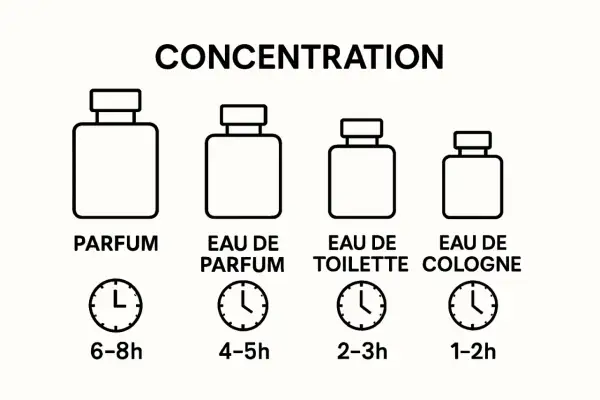 Ilustracja pokazuje stężenia perfum: Parfum (6-8h), Eau de Parfum (4-5h), Eau de Toilette (2-3h), Eau de Cologne (1-2h). Wybierz swój zapach, by poczuć się one million lucky!