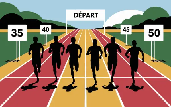 Des silhouettes d'athlètes s'élancent sur une piste de course, sous une arche "DÉPART". Une scène dynamique pour la catégorie course à pied.