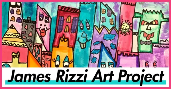 A vibrant, whimsical cityscape in the style of James Rizzi art, featuring colorful buildings with faces and playful details.