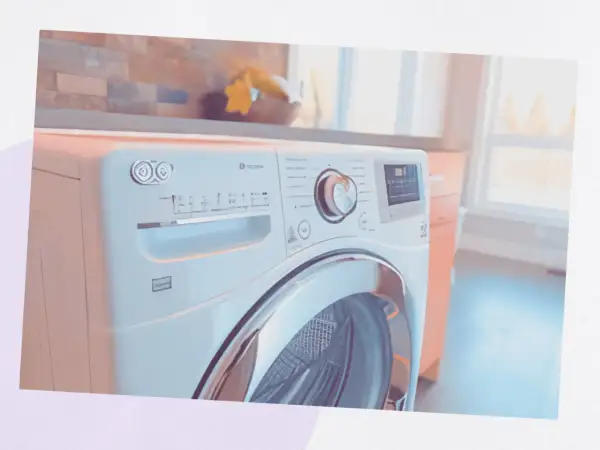 Un sèche-linge moderne dans une buanderie. Il est blanc avec une porte en verre chromé. Le panneau de commande est visible, avec un cadran et des boutons. On se demande combien de temps dure un sèche-linge pour un cycle complet.