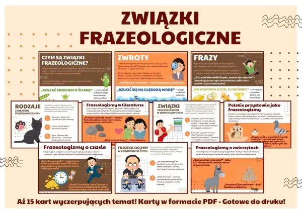 Ilustracja przedstawia kolaż z przykładami związków frazeologicznych, zwrotów i przysłów.