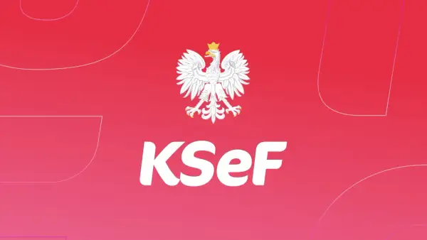Biały orzeł na czerwonym tle, logo KSeF. Dyskutuje się o ksef odroczenie.