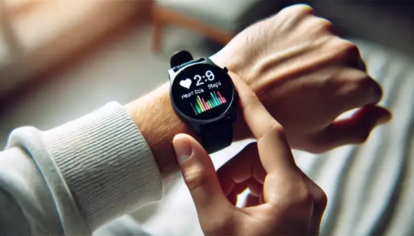 Dłoń z nowoczesnym smartwatchem monitorującym tętno i kroki. Czy smartwatch jest szkodliwy dla zdrowia? Urządzenie pokazuje dane, ale nie ma dowodów na jego negatywny wpływ.