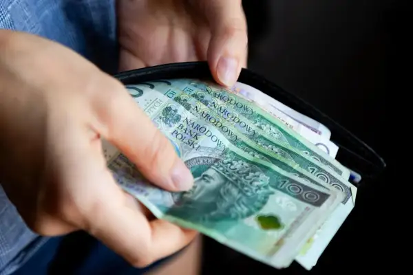 Ręce wkładają do portfela polskie banknoty. Czy można wypłacić pieniądze z OFE?