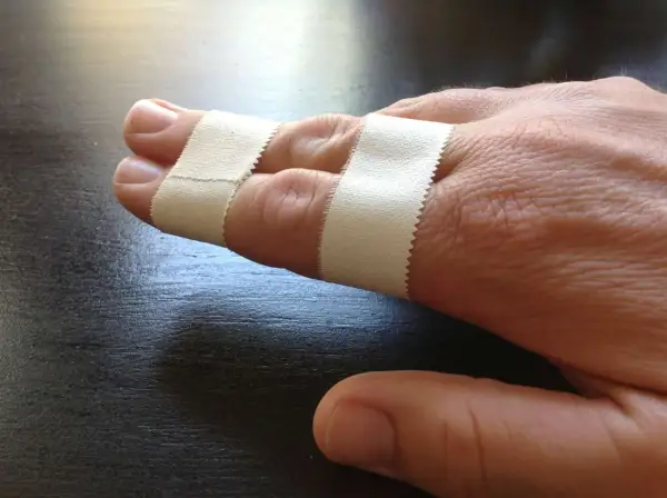 Zwei Finger sind mit Pflaster verbunden, um sie zu stabilisieren. Das Finger tapen hilft bei der Heilung.