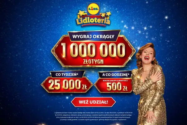 Szczęśliwa kobieta w złotej sukience cieszy się z wygranej w Lidloteria. Czy ktoś wygrał 1 000 000 zł?