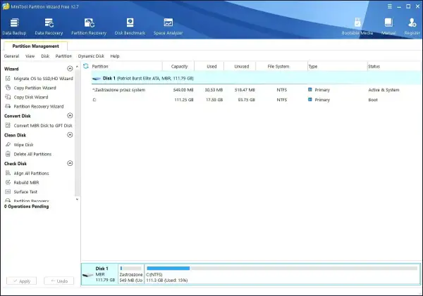 Jak podzielić dysk na partycje Windows 11? Program MiniTool Partition Wizard pokazuje partycje dysku C: i systemową.