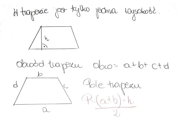 Rysunek przedstawia czworokąt - trapez, z zaznaczoną wysokością (h) i wzorami na obwód (a+b+c+d) i pole P = ((a+b)*h)/2.