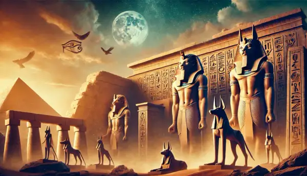Monumentala statyer och hieroglyfer vittnar om egyptisk mytologi under en stjärnklar himmel med en stor måne.