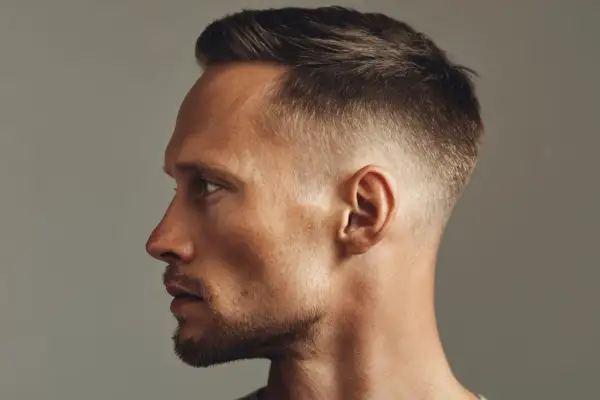 Profil eines Mannes mit kurz geschnittenen, braunen Haaren. Die Haare sind am Ansatz platt, gehen aber nach oben hin in Volumen über.