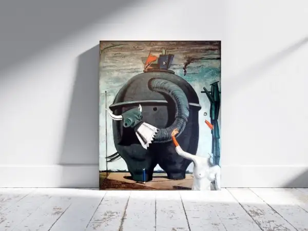 A surreal painting features a giant, dark, elephant-like creature with a bull's head and a trunk. A headless female torso with an orange arm reaches towards it. The elephant celebes is a striking, enigmatic figure.