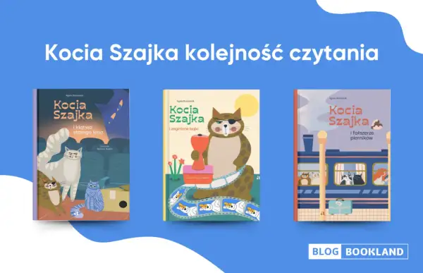 Kocia Szajka kolejność czytania: trzy okładki książek z kotami w roli głównej. Pierwsza to "Kocia Szajka i klątwa starego kina", druga "Kocia Szajka i zaginione bajki", a trzecia "Kocia Szajka i fałszerze pierników".