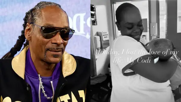 Snoop Dogg obok zdjęcia kobiety tulącej noworodka. Widać, że Snoop Dogg ma dzieci, a zdjęcie po prawej to smutna wiadomość o stracie.