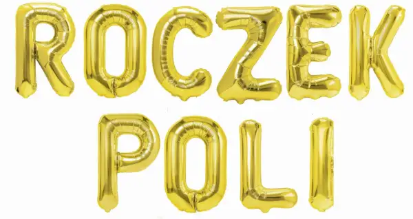 Złoty baner urodzinowy z napisem "Roczek Poli" z balonów.