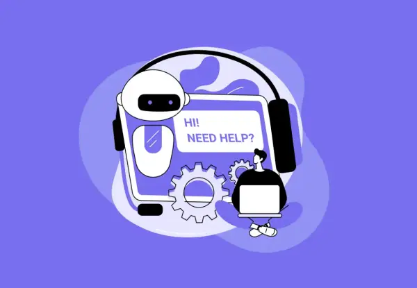 Robot z nagłówkiem "Hi! Need help?" i człowiek przy laptopie. To ilustracja pokazująca, gemini co to jest – inteligentny asystent.