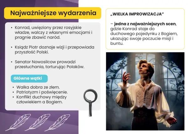 Konrad w "Dziady cz. 3" walczy z emocjami i pragnie zbawić naród. Scena "Wielka Improwizacja" to jego duchowy pojedynek z Bogiem.