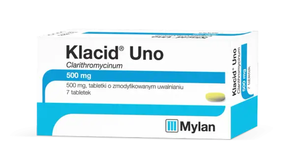 Opakowanie leku Klacid Uno 500 mg z jedną tabletką. Klacid to antybiotyk.