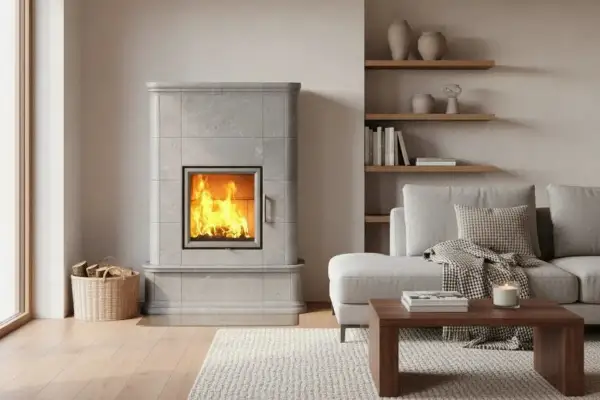 Ein gemütlicher Wohnraum mit einem gemauerten Kamin, in dem ein Feuer lodert. Daneben ein Korb mit Holzscheiten und ein Sofa mit Kissen und Decke.
