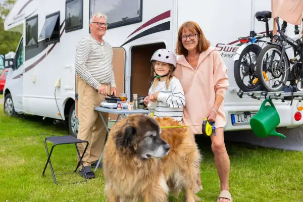 Familjen njuter av att campa med hund vid husbilen. En flicka med hjälm, en man som lagar mat och en kvinna med koppel till hunden.