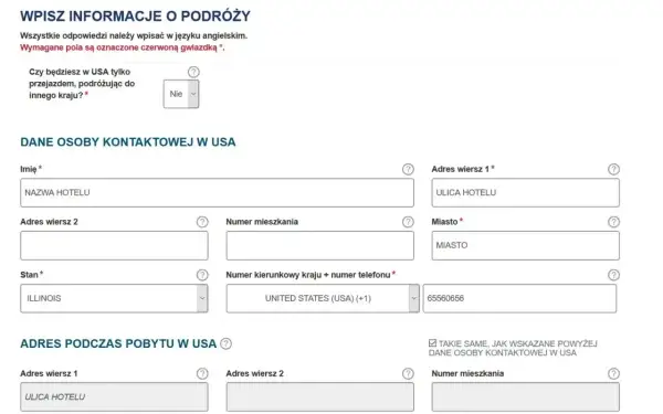 Formularz podróżny z polami do wpisania danych kontaktowych w USA, w tym adres, stan (Illinois) i numer telefonu.