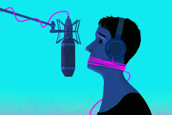 A person with headphones and a pink cord tied around their mouth faces a microphone, symbolizing the struggle of copyrighting your music.