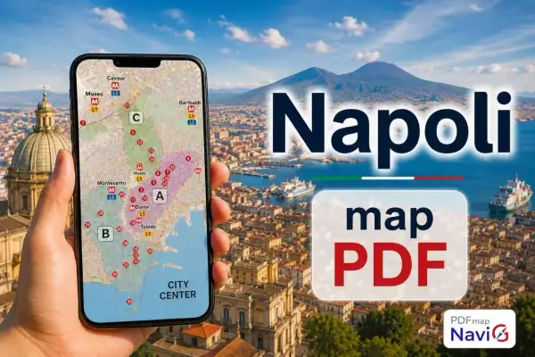 Mapa PDF Neapolu z zaznaczonymi dzielnicami: A, B, C. Widok na Wezuwiusza i zatokę.