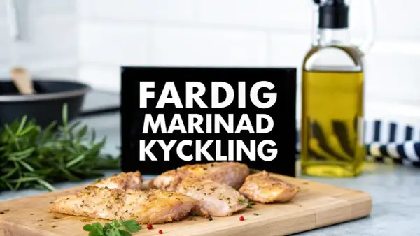 Färdig kyckling på ett skärbräde, redo att serveras. Texten "FARDIG MARINAD KYCKLING" syns i bakgrunden.