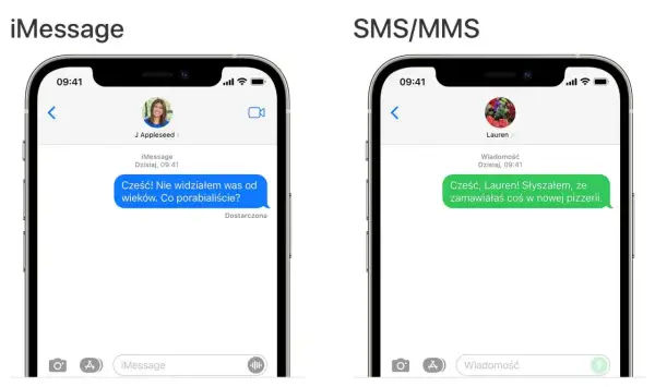 Dwa ekrany iPhone'a: po lewej iMessage z niebieską chmurką, po prawej SMS/MMS z zieloną.