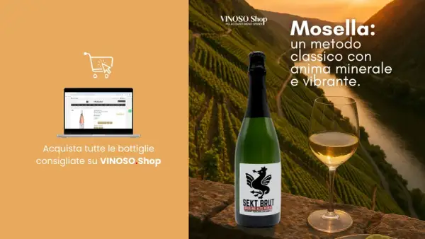 Bottiglia di Sekt Brut Riesling, un esempio di classificazione vini tedeschi, con vigneti della Mosella sullo sfondo.